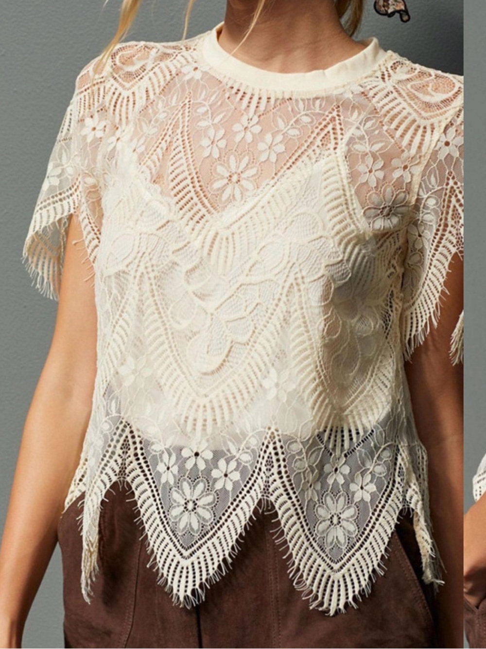 bishop + young Ivory Floral Lace Fringe Short Sleeve Blouse. NWT